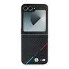 A black flip phone case with a carbon fiber texture and BMW M stripes. Produktbild-Vorschau