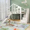 A child's bedroom with a white bunk bed shaped like a house, featuring a slide and stairs. The room is decorated with animal-themed items and has a large window with sheer curtains. Náhled obrázku produktu