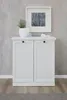A white cabinet with two doors is shown against a textured gray wall and a wooden floor. Produktbild-Vorschau