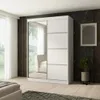 A modern bedroom with a large white sliding door wardrobe with a mirrored door, set against a dark textured wall. Produktbild-Vorschau