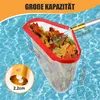 A pool skimmer net filled with leaves, floating in a swimming pool, with dimensions indicated. Produktbild-Vorschau