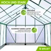 Interior view of a greenhouse structure with text overlays highlighting features. Produktbild-Vorschau