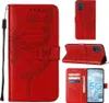 A collage of images showing a red leather phone case with a butterfly embossed design, displayed from different angles and in an open state. Produktbild-Vorschau