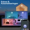 A cutaway view of a multi-story house showing different rooms with smart lighting effects controlled by a smartphone app. Produktbild-Vorschau