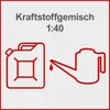 An illustration showing a fuel can and a watering can with a drop of liquid, indicating a fuel mixture ratio. Produktbild-Vorschau
