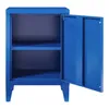 A blue metal nightstand with one door open, revealing two shelves inside. The nightstand is shown against a white background. Podgląd zdjęcia produktu