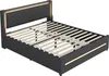 A dark gray upholstered bed frame with a slatted wooden mattress support is shown against a white background. The bed has a headboard with integrated LED lighting and decorative gold trim along the headboard and the base. Anteprima dell’immagine prodotto
