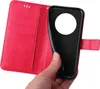 A hand holding a red flip phone case open, revealing the black inner shell with a circular cutout. Produktbild-Vorschau