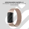 A close-up shot of a champagne-colored Milanese loop watch band attached to a black fitness tracker, with descriptive text in Dutch above. Produktbild-Vorschau