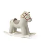 A plush rocking horse with a striped pattern and brown accents, shown on a white background. Produktbild-Vorschau