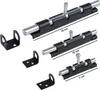 Three black and silver barrel bolts of different sizes are displayed on a white background, along with their corresponding mounting brackets. Náhľad obrázku produktu