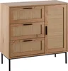 A wooden dresser with rattan accents and black metal legs, shown against a white background. Produktbild-Vorschau