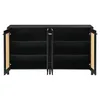 A black sideboard with open doors, revealing shelves and rattan accents on the doors. Podgląd zdjęcia produktu