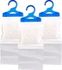 Three hanging dehumidifier bags with blue hangers, filled with white beads, are displayed against a white background. Produktbild-Vorschau