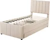 A single bed frame with a headboard and wooden slats for mattress support, shown against a white background. The bed frame has a padded, upholstered design with vertical channel tufting and appears to have storage drawers integrated into the base. Produktbild-Vorschau