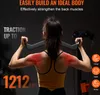 A woman is using a weight machine, with text overlays highlighting features and benefits. Podgląd zdjęcia produktu