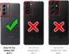 Three black smartphones are shown, each with a red outline around the camera module. The first phone has a green checkmark, indicating it is compatible. The other two phones have red 'X' marks, indicating incompatibility. Text below each phone specifies co Produktbild-Vorschau