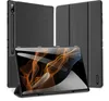 A black tablet case with a stylus holder is displayed, with a tablet inside showing a colorful abstract image. The case is shown in different orientations, including standing up as a stand. Podgląd zdjęcia produktu