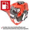 Close-up of a red and black gasoline-powered trimmer engine with a fuel icon and descriptive text. Produktbild-Vorschau