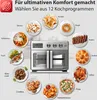 A digital air fryer oven is shown with various food items arranged around it, illustrating different cooking programs. Produktbild-Vorschau