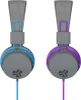 Two pairs of headphones, one blue and one purple, are shown against a white background. Produktbild-Vorschau