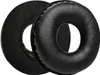 Two black ear pads for headphones are shown, one with a fabric backing and the other with a leather-like finish. Voir les images du produit