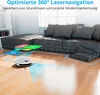 A robot vacuum cleaner is shown navigating a living room floor, with colorful overlays indicating its mapping and navigation features. Produktbild-Vorschau