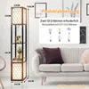 A floor lamp with shelves is shown next to a sofa, with product dimensions and light bulb compatibility information displayed. Produktbild-Vorschau