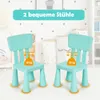 Two teal children's chairs are shown with weight indicators on them, suggesting a weight limit. Produktbild-Vorschau