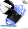 A blue vacuum cleaner with its lid open, showing the interior. A close-up inset shows scissors cutting a white filter material. Produktbild-Vorschau