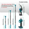 Diagram showing the dimensions and different configurations of a cordless pole saw and pruner. Produktbild-Vorschau
