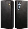 A black leather flip case for a smartphone is shown from two angles, front and back. Produktbild-Vorschau