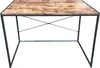 A product shot of a desk with a wood-grain top and black metal legs, isolated on a white background. Produktbild-Vorschau
