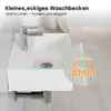 A close-up view of a modern white ceramic sink with a chrome faucet, highlighting a specific dimension. Anteprima dell’immagine prodotto