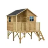A wooden playhouse on stilts with a deck and stairs, isolated on a white background. Produktbild-Vorschau