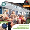 People are gathered around a table outdoors, with a large umbrella providing shade. The umbrella has LED lights. Produktbild-Vorschau
