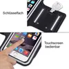 A collage showing a sports armband for a phone, with one image highlighting a key compartment and another showing a finger interacting with the phone screen. Produktbild-Vorschau