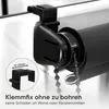 Close-up of a black roller blind mechanism attached to a window frame, with a diagram showing a clamp fitting. Produktbild-Vorschau