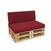 A sofa made from wooden pallets with dark red cushions, shown against a white background. Voir les images du produit