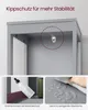 A collage of images showing features of a bathroom cabinet, including an anti-tip device, raised edges for fall protection, and a water-resistant surface. Produktbild-Vorschau