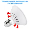 A close-up of a white LED light bulb with red arrows indicating airflow for heat dissipation. Produktbild-Vorschau