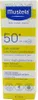 A product shot of a sunscreen bottle on a striped background. Produktbild-Vorschau
