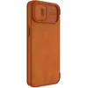 A close-up, side view of a brown leather phone case with an orange camera cover. Produktbild-Vorschau