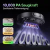 A robotic vacuum cleaner is shown from underneath, with suction effects and text highlighting its power. Produktbild-Vorschau