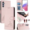 A collage of images showing a pink leather phone case with a cat design, its interior features, and a phone inserted. Náhled obrázku produktu