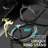 A black phone case with a rotating ring stand is shown with graphics highlighting its features. Produktbild-Vorschau