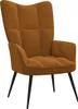 A brown velvet armchair with black legs, shown against a white background.