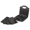 A black sandwich toaster with waffle plates and three interchangeable plates are displayed on a white background. Náhled obrázku produktu
