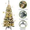 A Christmas tree with lights and snow, surrounded by decorative elements and text descriptions of its features. Náhľad obrázku produktu