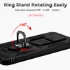Close-up of a black phone case with a rotating ring stand and camera cover. Produktbild-Vorschau